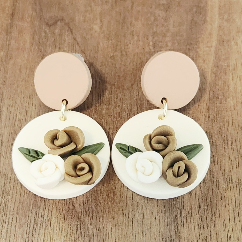 Handmade Polymer Clay Floral Dangle Earrings Cream Tan Rose Botanical Round 2in